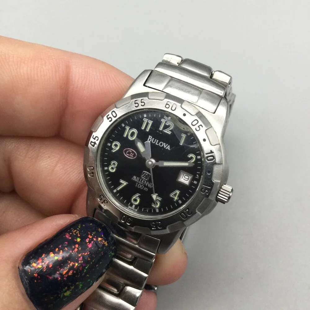 Bulova Millennia 100m Womens Watch 26mm CRACKED CRYSTAL Black New Battery 6